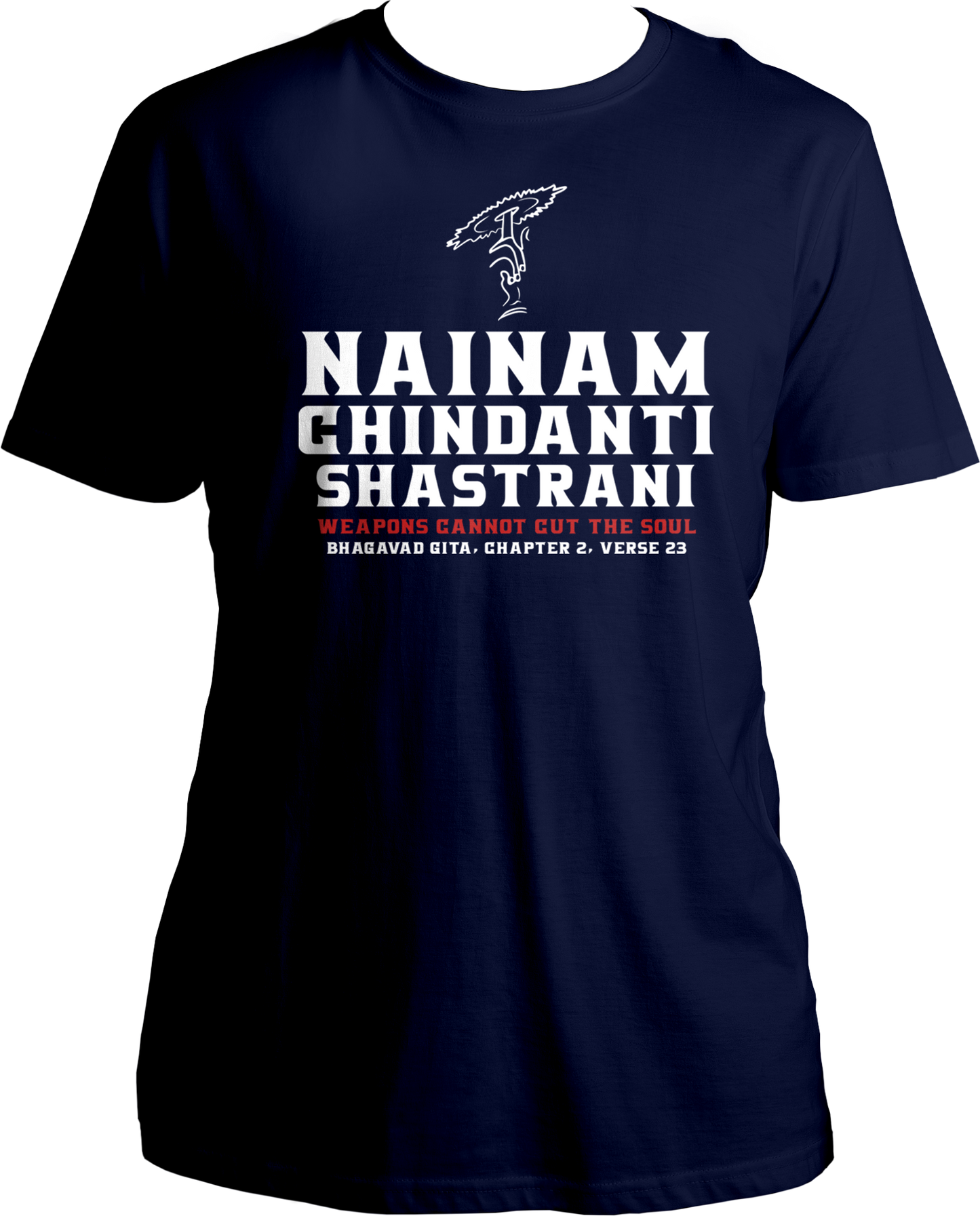 Collection of Bhagavad Gita and Shri Krishna devotional t-shirts, featuring Nainam Chindanti Shastrani design