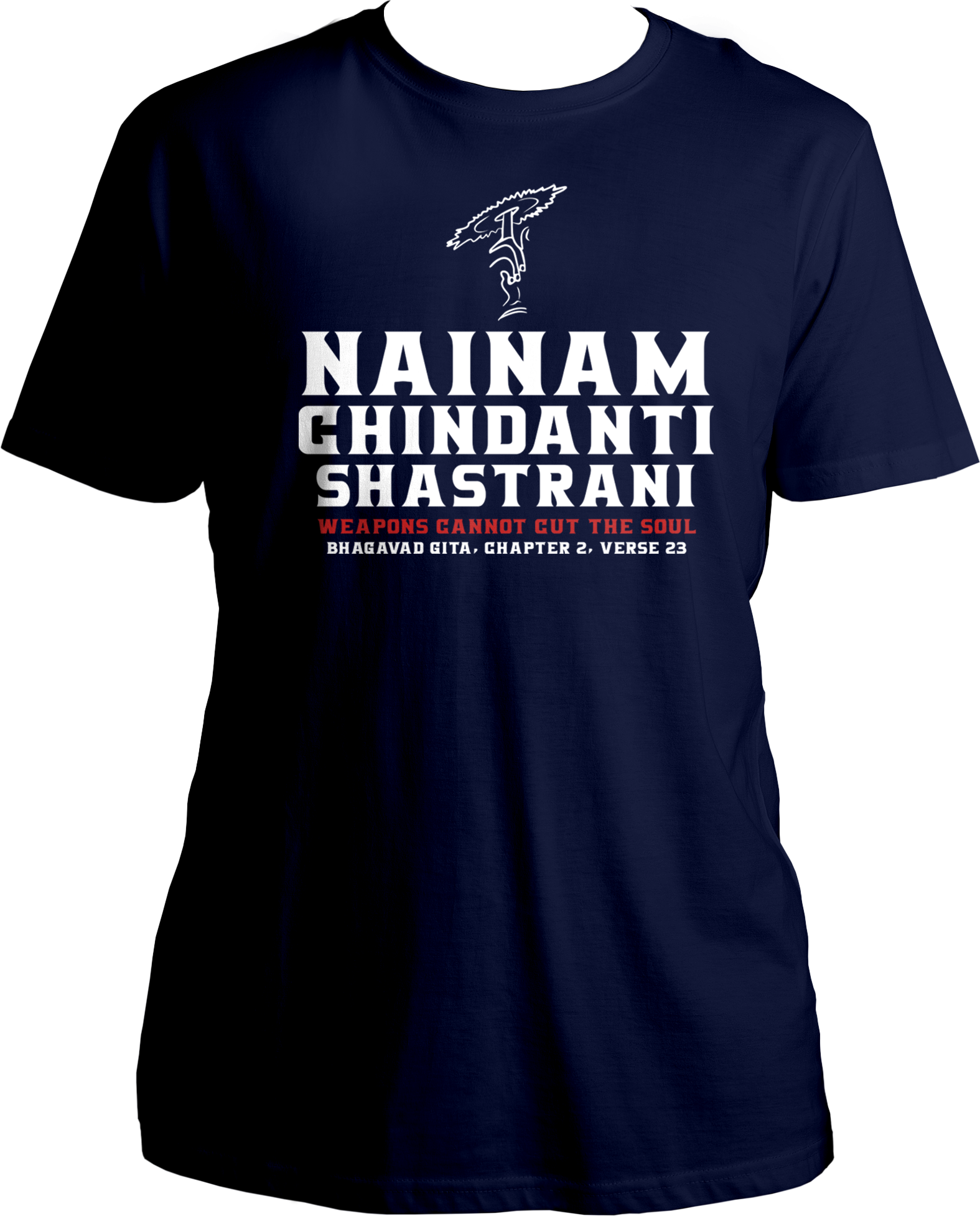 Collection of Bhagavad Gita and Shri Krishna devotional t-shirts, featuring Nainam Chindanti Shastrani design
