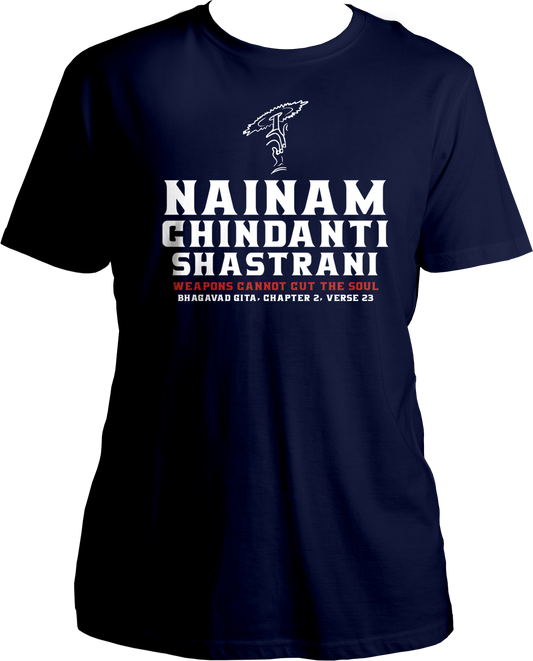 Collection of Bhagavad Gita and Shri Krishna devotional t-shirts, featuring Nainam Chindanti Shastrani design