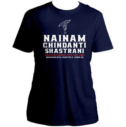 Navy Blue Nainam Chindanti Shastrani T-shirt with Bhagavad Gita verse print by Garrari