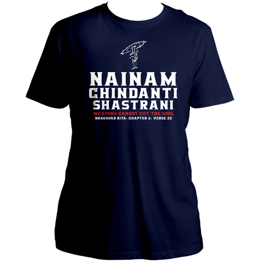 Navy Blue Nainam Chindanti Shastrani T-shirt with Bhagavad Gita verse print by Garrari