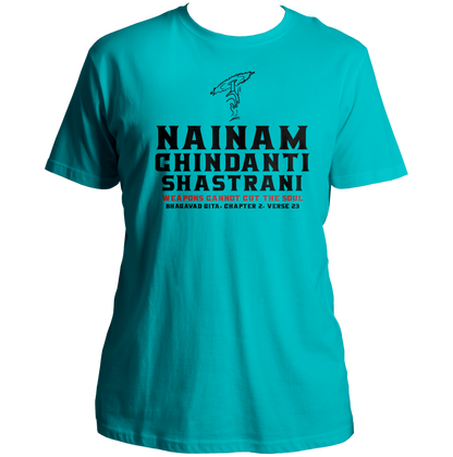 Aqua Blue Nainam Chindanti Shastrani Shri Krishna T-shirt with soul quote design by Garrari