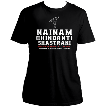 Black Nainam Chindanti Shastrani T-shirt with weapons cannot cut the soul quote by Garrari