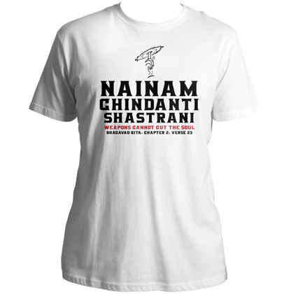 White Nainam Chindanti Shastrani Shri Krishna T-shirt with Bhagavad Gita print by Garrari