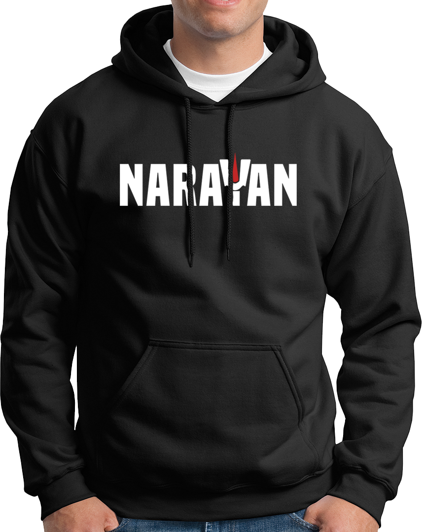 Black Narayan hoodie with Vaishnav tilak typography artwork by Garrari
