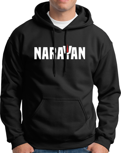 Black Narayan hoodie with Vaishnav tilak typography artwork by Garrari