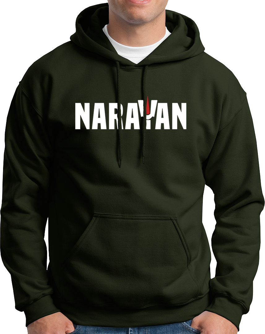 Olive Green Narayan hoodie with Narayan typography and Vaishnav tilak design by Garrari