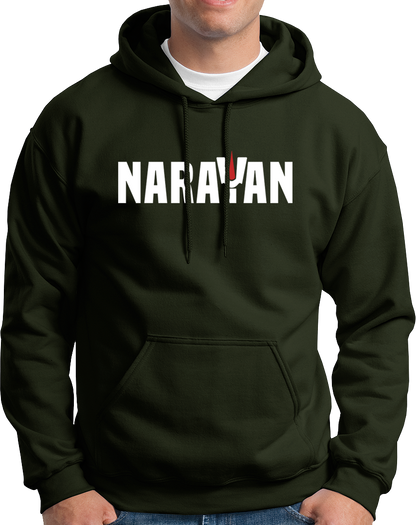 Olive Green Narayan hoodie with Narayan typography and Vaishnav tilak design by Garrari
