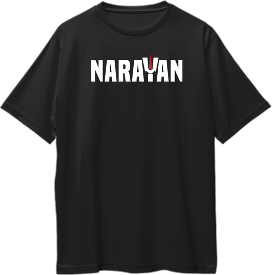 Narayan Oversized Unisex T-Shirt featuring a devotional design with a mantra invoking Lord Vishnu’s blessings, perfect for spiritual wear.