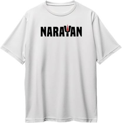 White Narayan oversized T-shirt with Bhagwan Vishnu devotional typography by Garrari