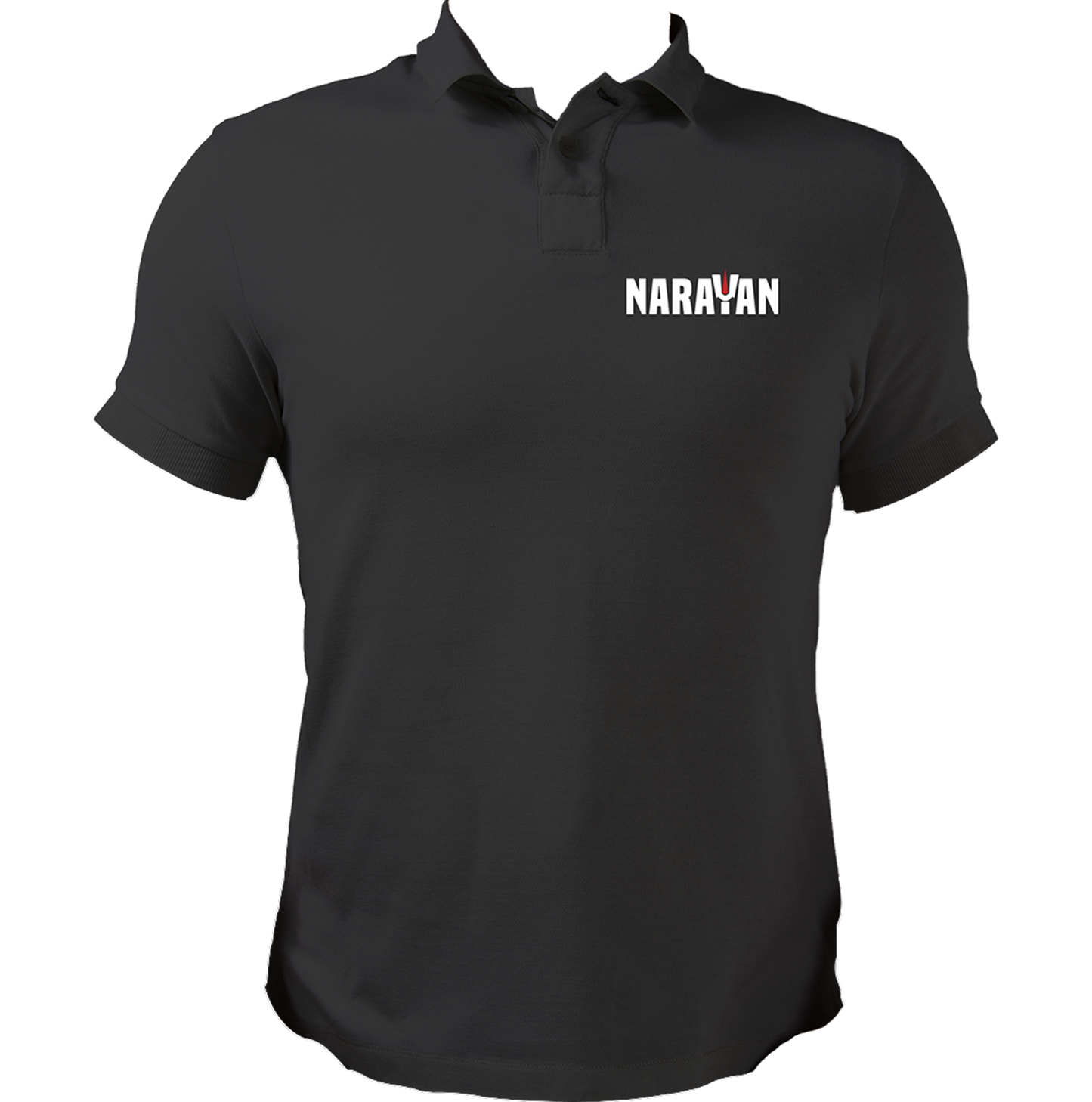 Black Narayan polo T-shirt with Bhagwan Vishnu devotional chest artwork by Garrari