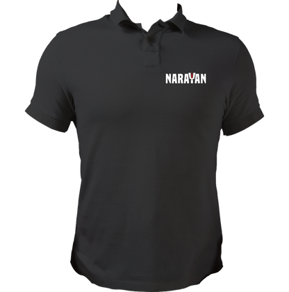 Black Narayan polo T-shirt with Bhagwan Vishnu devotional chest artwork by Garrari