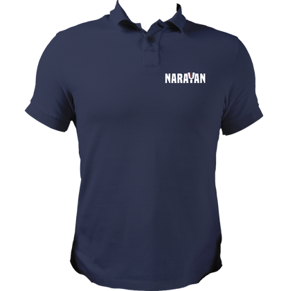Navy Blue Narayan polo T-shirt with small Narayan devotional print by Garrari