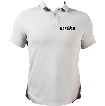 White Narayan polo T-shirt with Narayan typography and tilak artwork by Garrari
