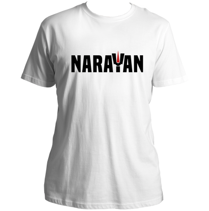 White Narayan T-shirt with bold Narayan typography and tilak detail by Garrari