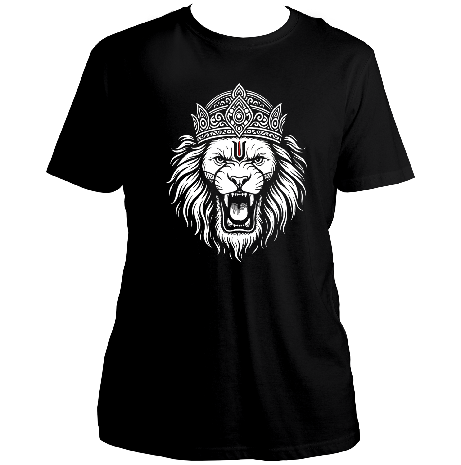 Black Mahavatar Narsimha T-shirt with crowned Lord Narsimha face and Vaishnav tilak artwork by Garrari