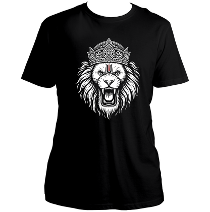 Black Mahavatar Narsimha T-shirt with crowned Lord Narsimha face and Vaishnav tilak artwork by Garrari