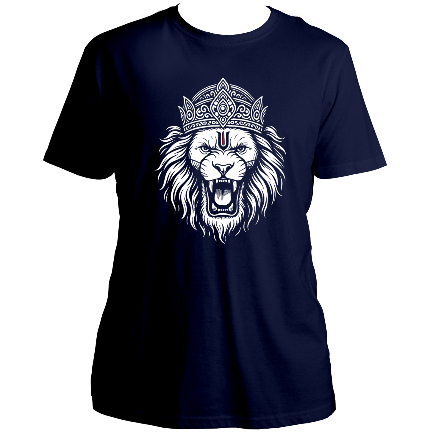Navy Blue Mahavatar Narsimha T-shirt with Bhagwan Vishnu avatar lion face artwork by Garrari