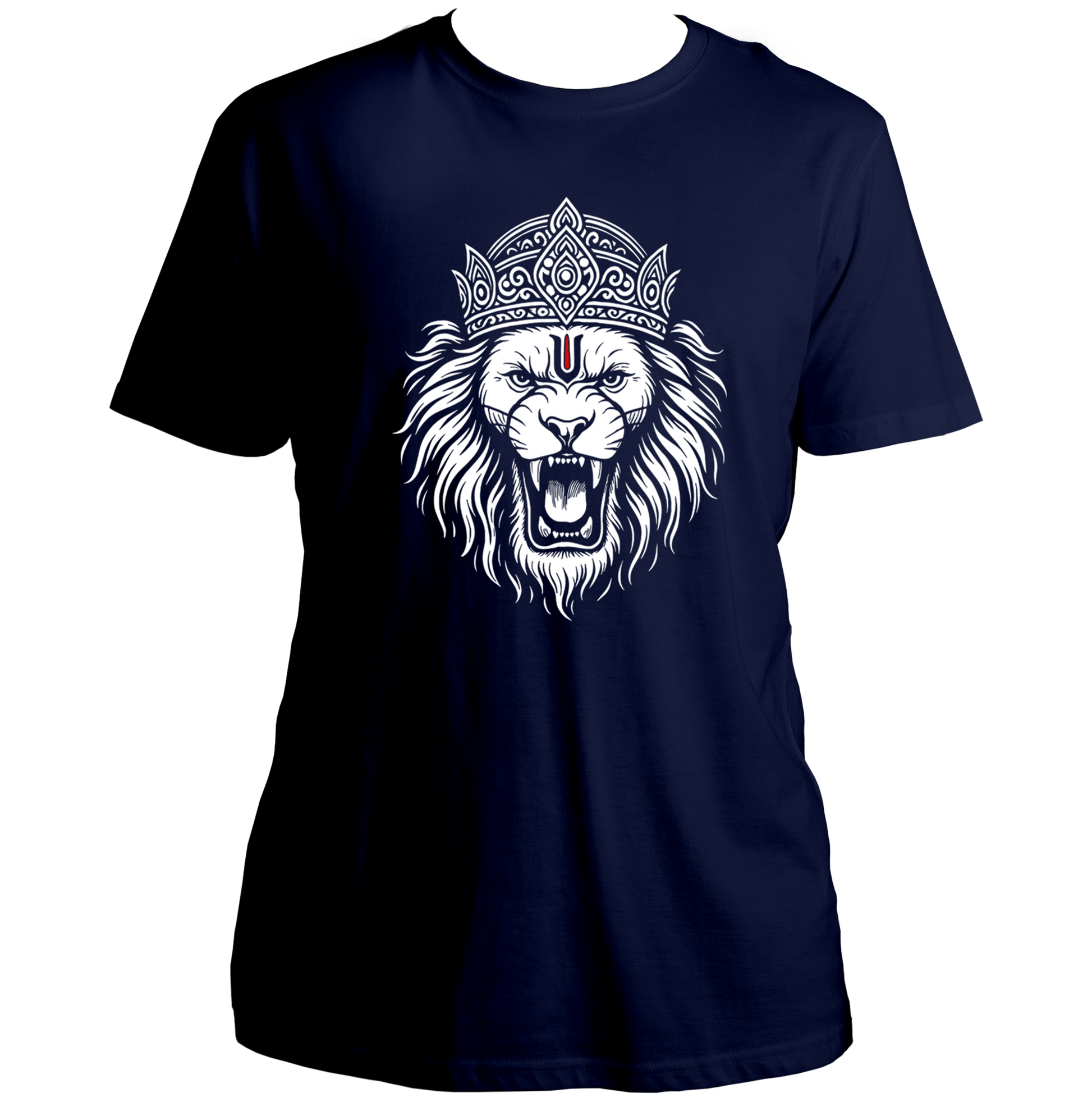 Navy Blue Mahavatar Narsimha T-shirt with Bhagwan Vishnu avatar lion face artwork by Garrari