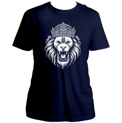 Navy Blue Mahavatar Narsimha T-shirt with Bhagwan Vishnu avatar lion face artwork by Garrari