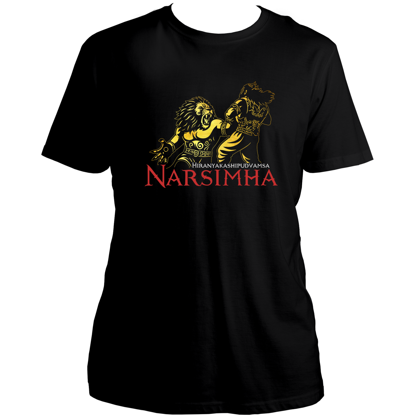 Black Bhagwan Narsimha T-shirt with golden metallic reflective Hiranyakashipu Vadh artwork by Garrari