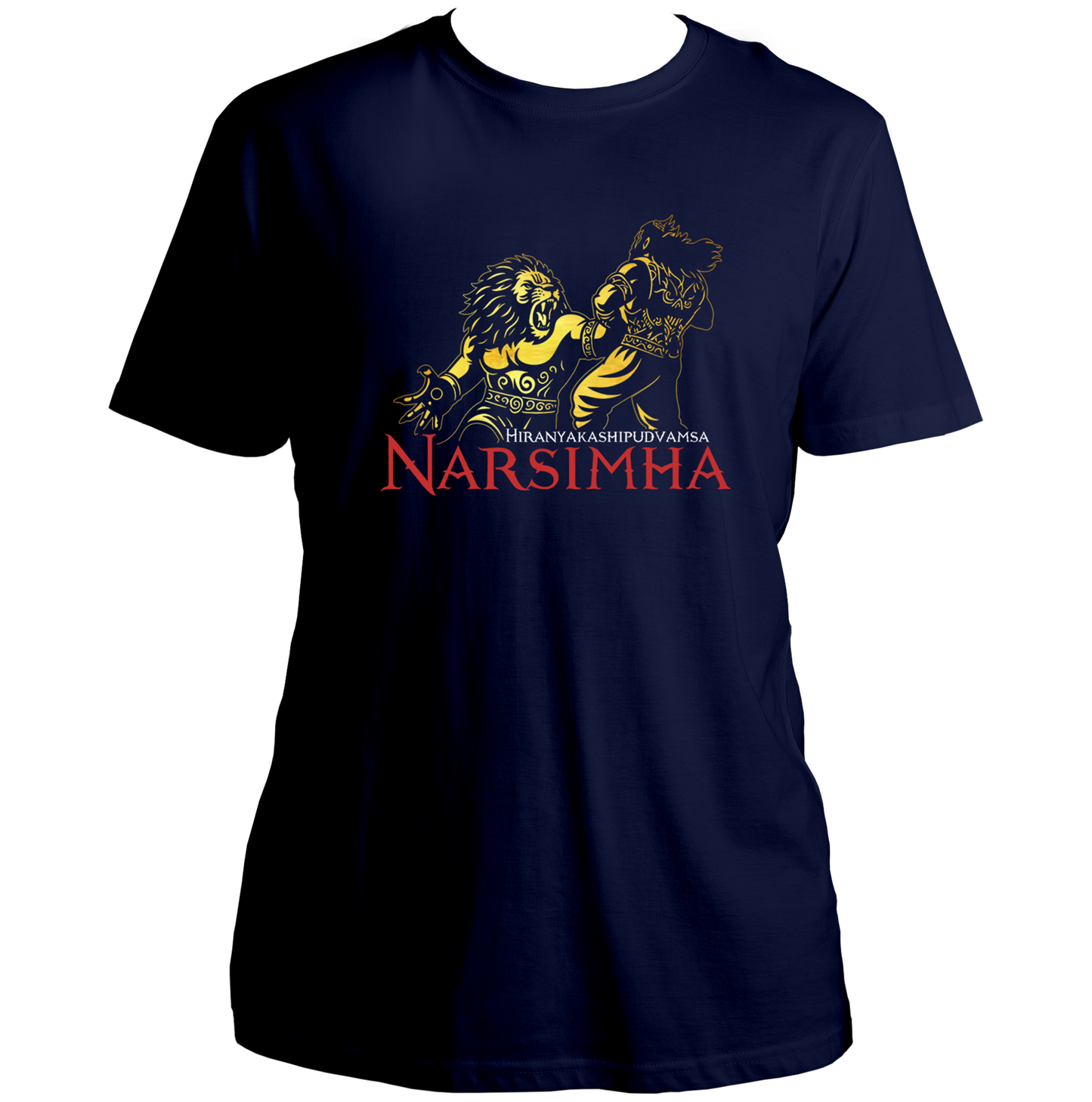 Navy Blue Bhagwan Narsimha T-shirt with Lord Narsimha devotional artwork and red typography by Garrari