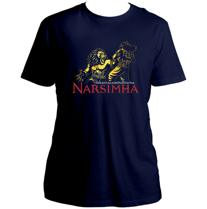 Navy Blue Bhagwan Narsimha T-shirt with Lord Narsimha devotional artwork and red typography by Garrari