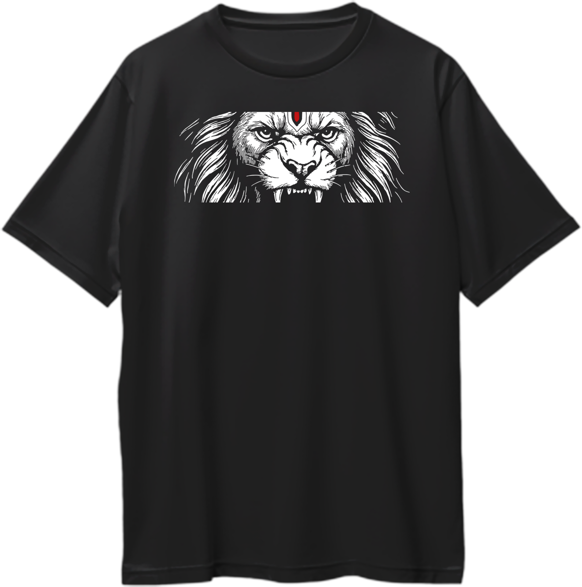 Black oversized t-shirt with bold white Narasimha face artwork and sacred tilak