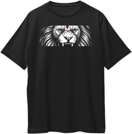 Black oversized t-shirt with bold white Narasimha face artwork and sacred tilak