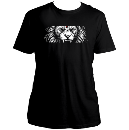 Black Narsimha The Protector T-shirt with Bhagwan Vishnu avatar lion face artwork by Garrari