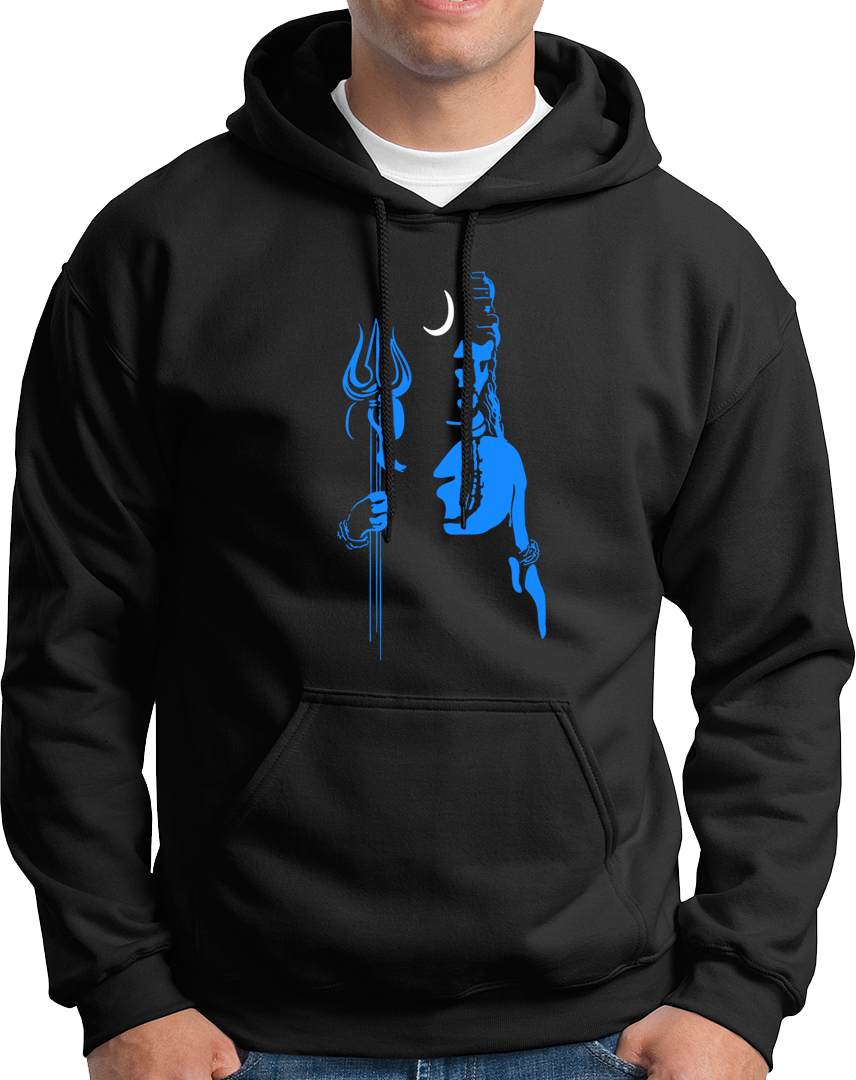 Black Neelkanth Shiv Ji hoodie with blue Lord Shiva artwork, trishul, and crescent moon by Garrari