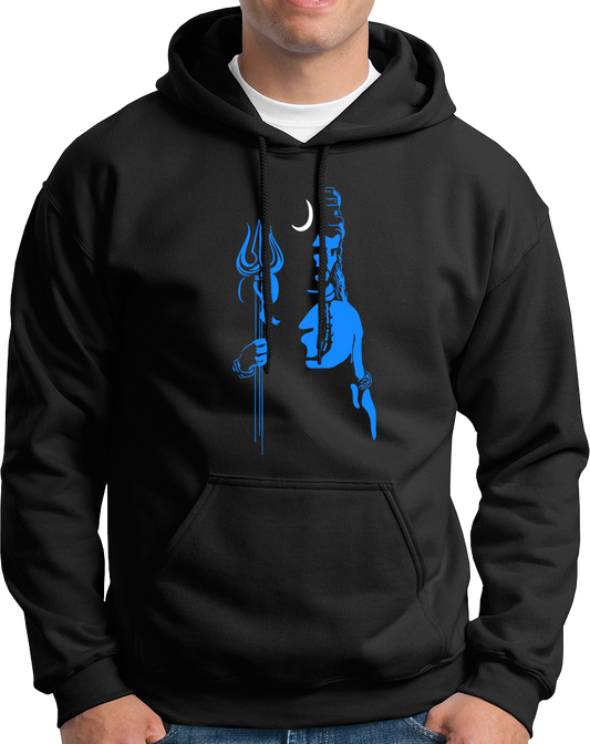 Black Neelkanth Shiv Ji hoodie with blue Lord Shiva artwork, trishul, and crescent moon by Garrari