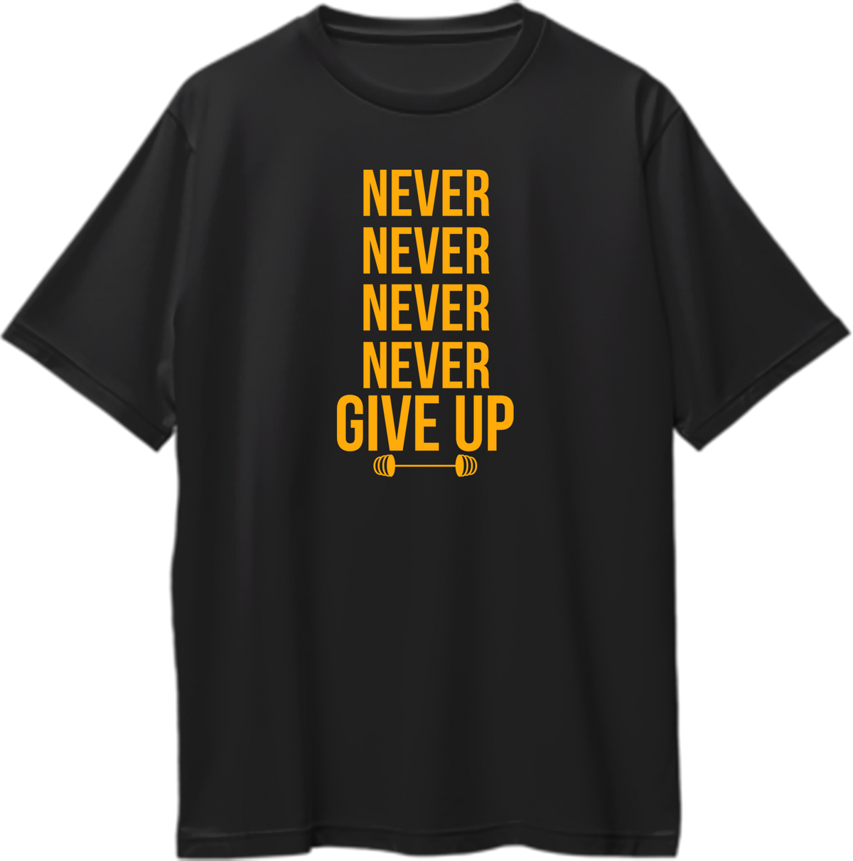 Black Never Never Never Give Up Oversized T-Shirt by Garrari with orange motivational gym quote and barbell graphic