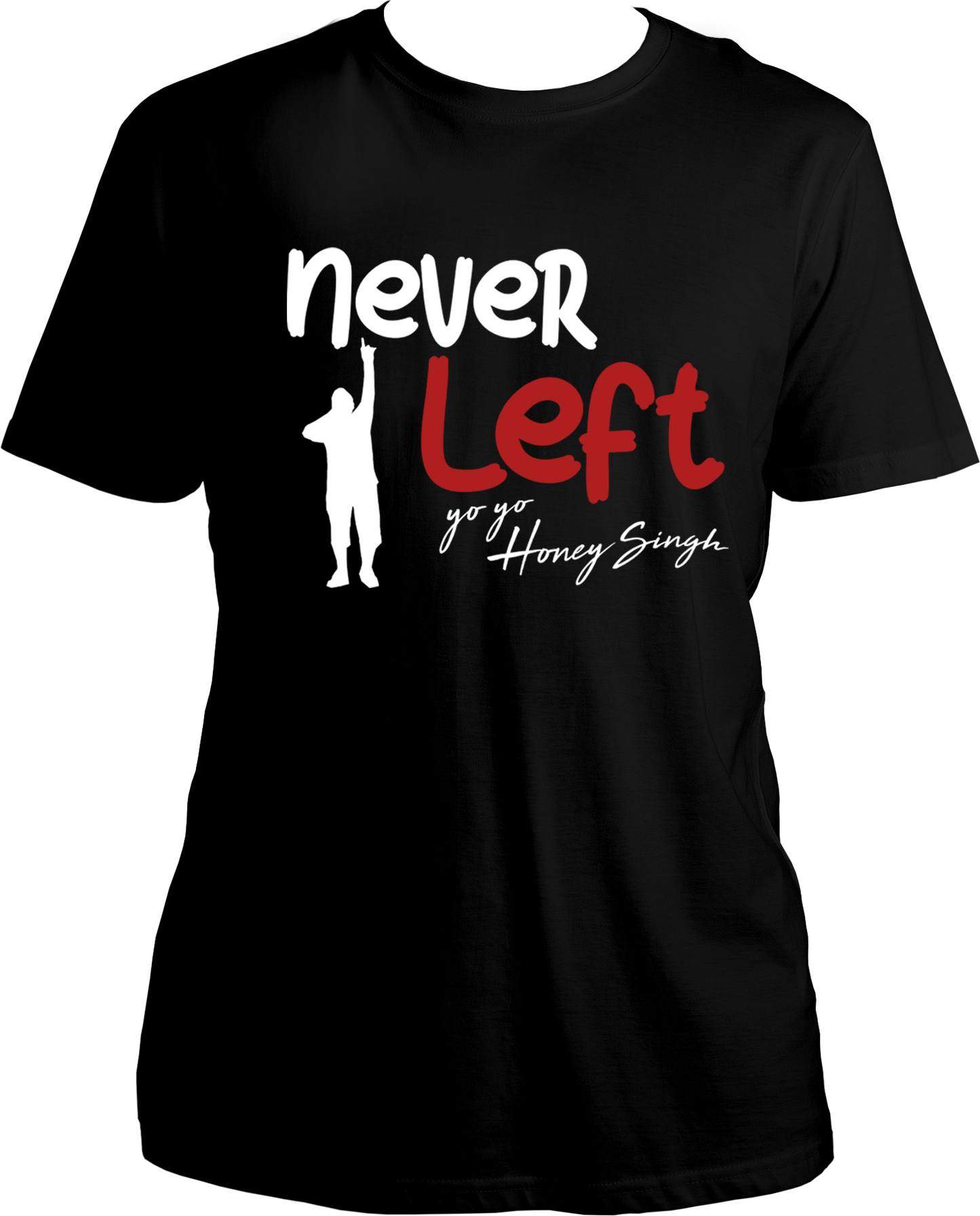 Never Left Honey Singh Unisex T-Shirt – Hip-hop fan merch inspired by the comeback & legacy of Yo Yo Honey Singh. Available now on Garrari.com!