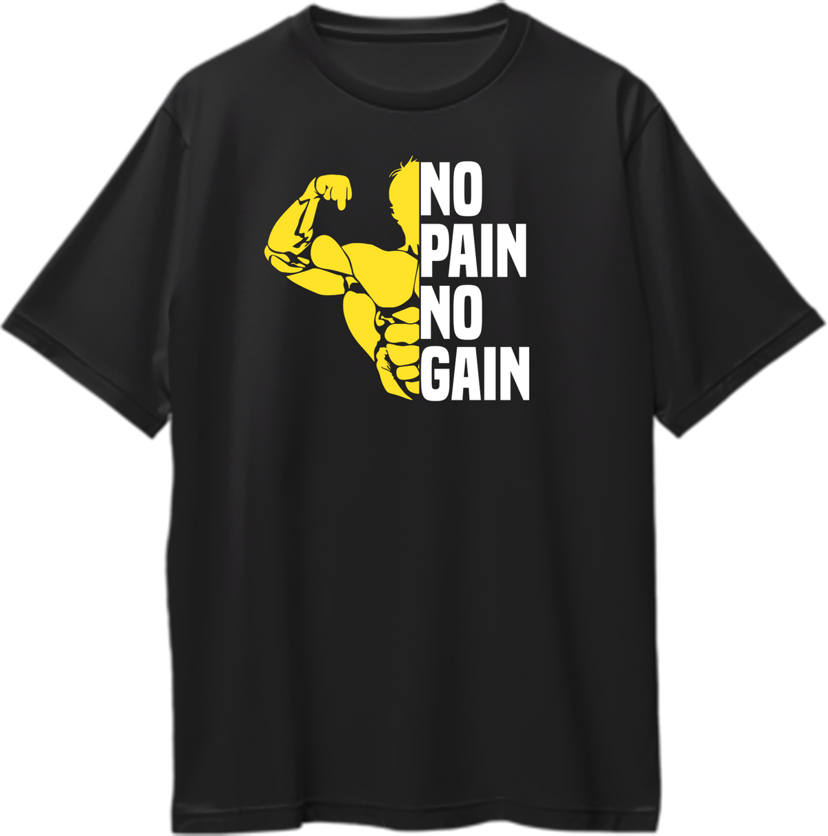 Black No Pain No Gain Oversized T-Shirt by Garrari with yellow muscular gym graphic and white lettering