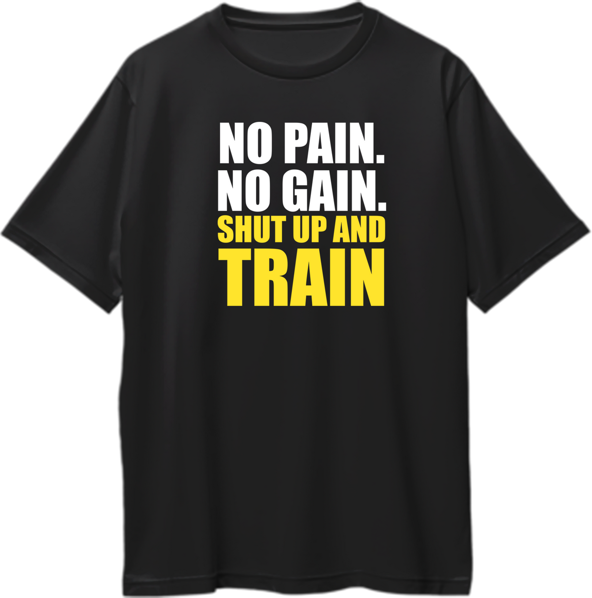 Black No Pain No Gain Shut Up And Train Oversized T-Shirt by Garrari with white and yellow motivational gym typography
