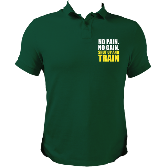 Dark Green No Pain No Gain Shut Up And Train Polo T-Shirt by Garrari with white and yellow gym chest print