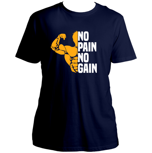 Navy Blue No Pain No Gain Unisex T-Shirt by Garrari with muscular gym workout graphic