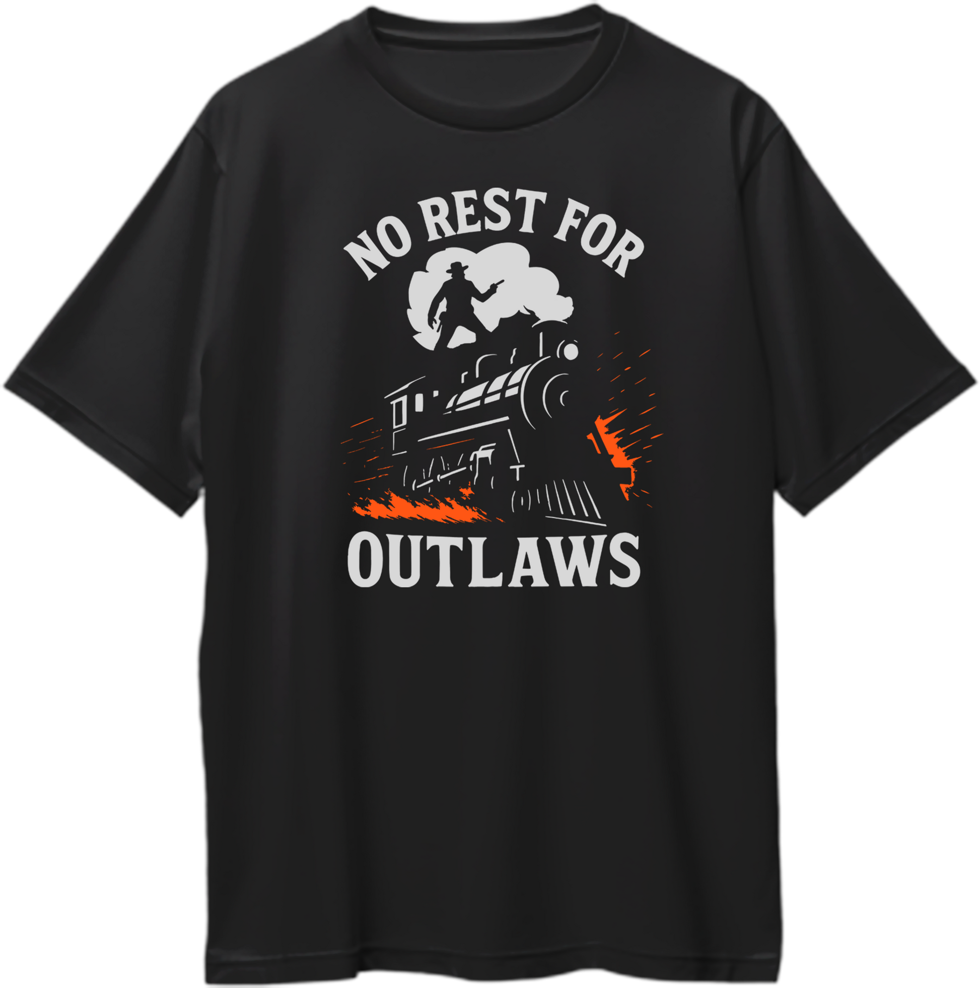 Black oversized unisex T-shirt with a silhouette of a cowboy on a speeding train and text “No Rest for Outlaws,” inspired by Red Dead Redemption 2 – Garrari Brand.