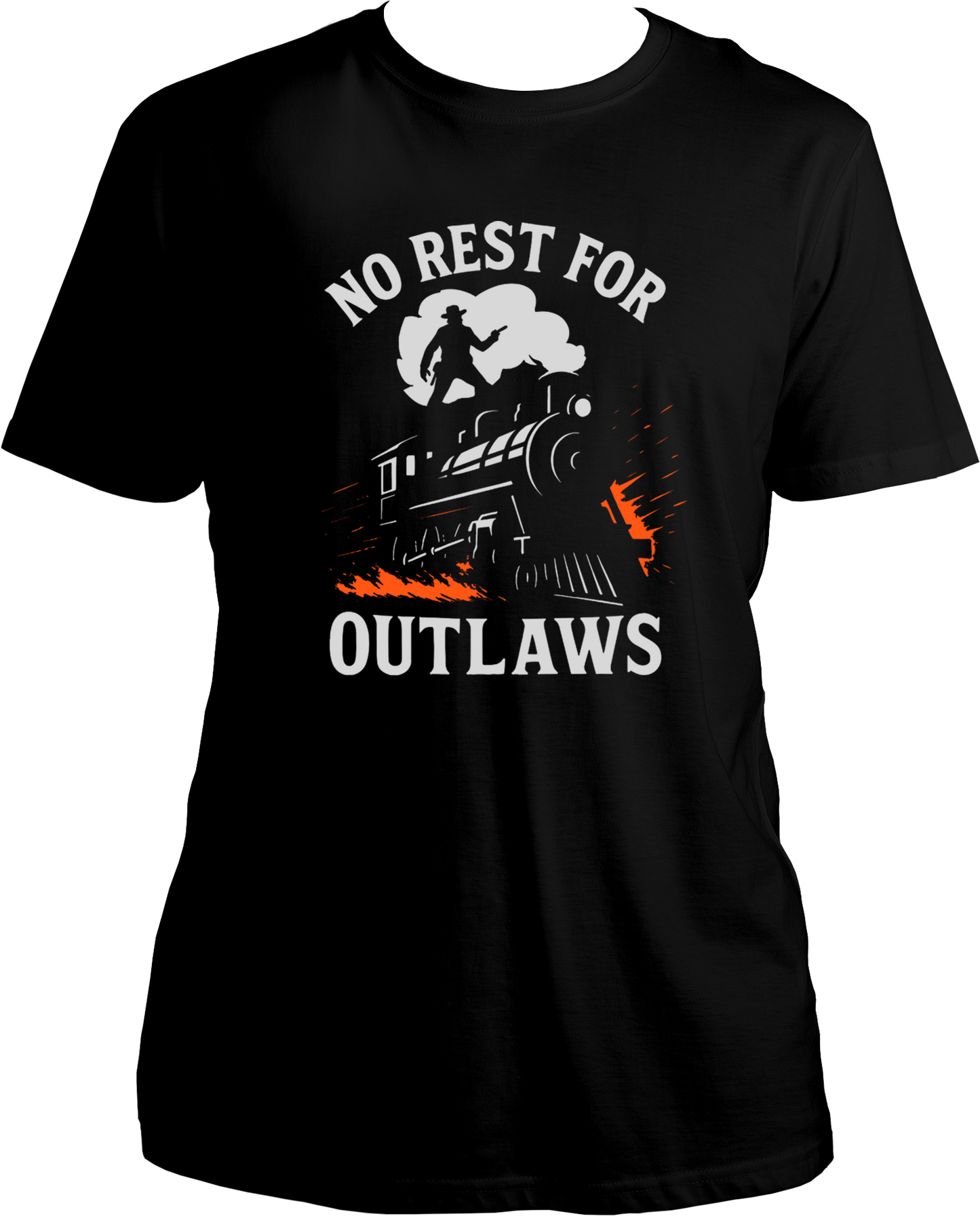 Black unisex cotton t-shirt featuring cowboy standing on a moving train with text “No Rest for Outlaws,” inspired by Red Dead Redemption 2 – Garrari Brand.