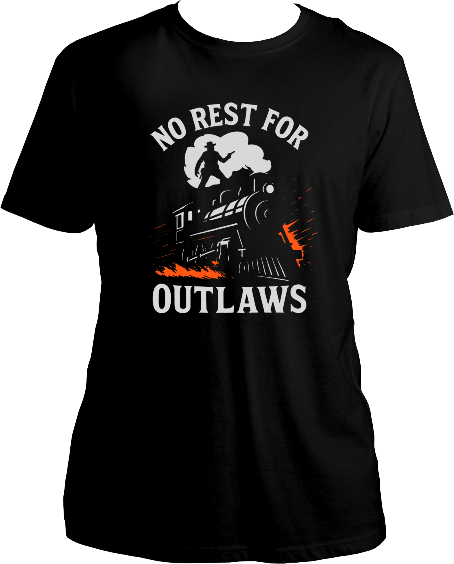 Black unisex cotton t-shirt featuring cowboy standing on a moving train with text “No Rest for Outlaws,” inspired by Red Dead Redemption 2 – Garrari Brand.