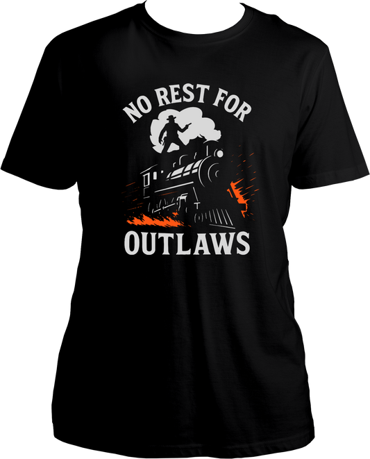 Black unisex cotton t-shirt featuring cowboy standing on a moving train with text “No Rest for Outlaws,” inspired by Red Dead Redemption 2 – Garrari Brand.
