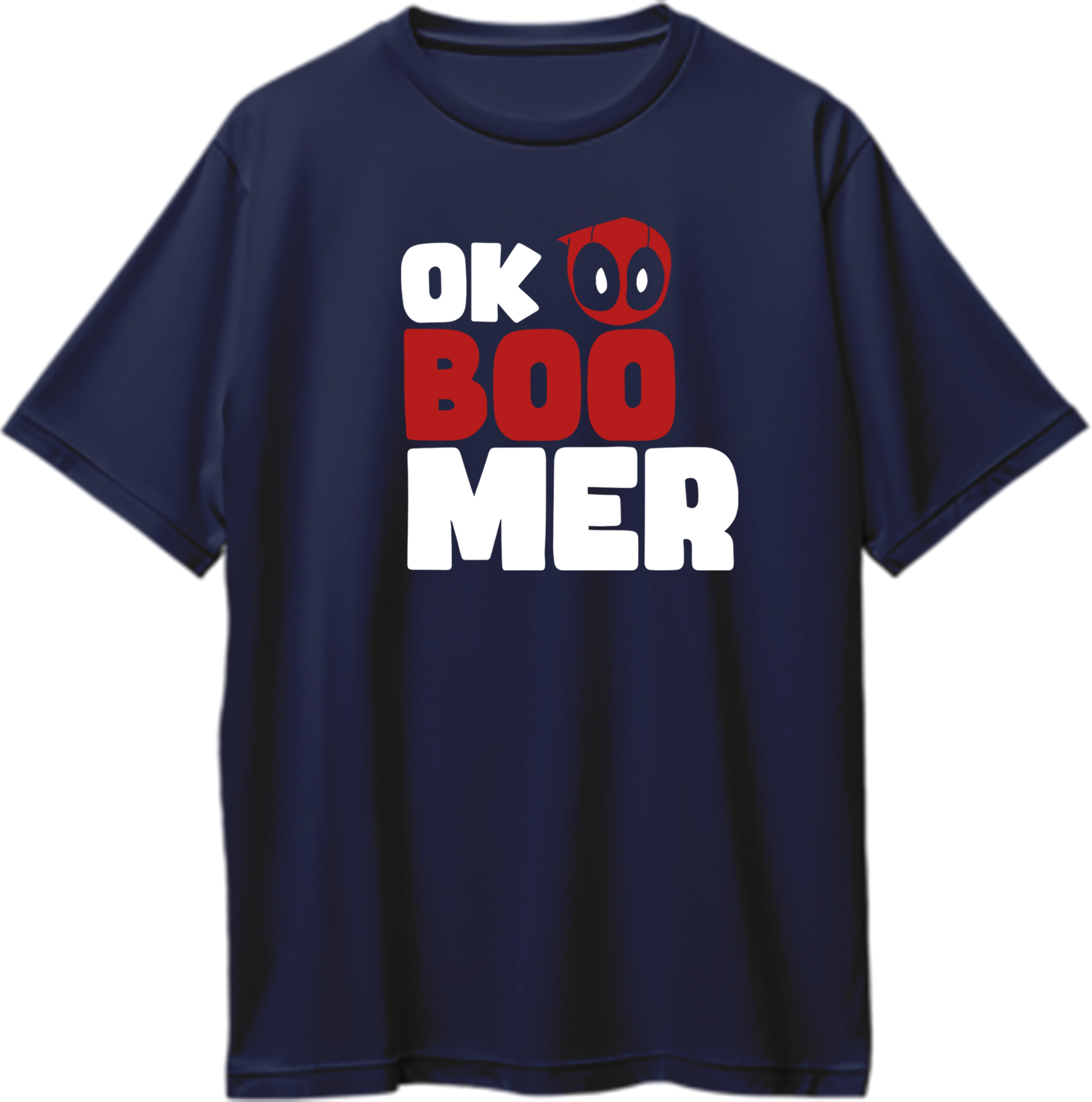 "Oversized unisex t-shirt featuring Deadpool and 'Ok Boomer' text, for fans of Deadpool's humor and style."