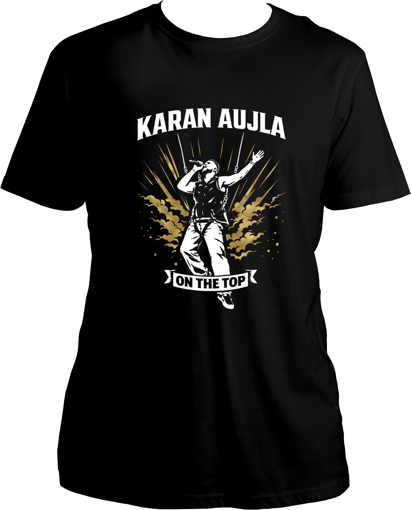 On The Top Karan Aujla unisex black t-shirt with metallic gold concert graphic