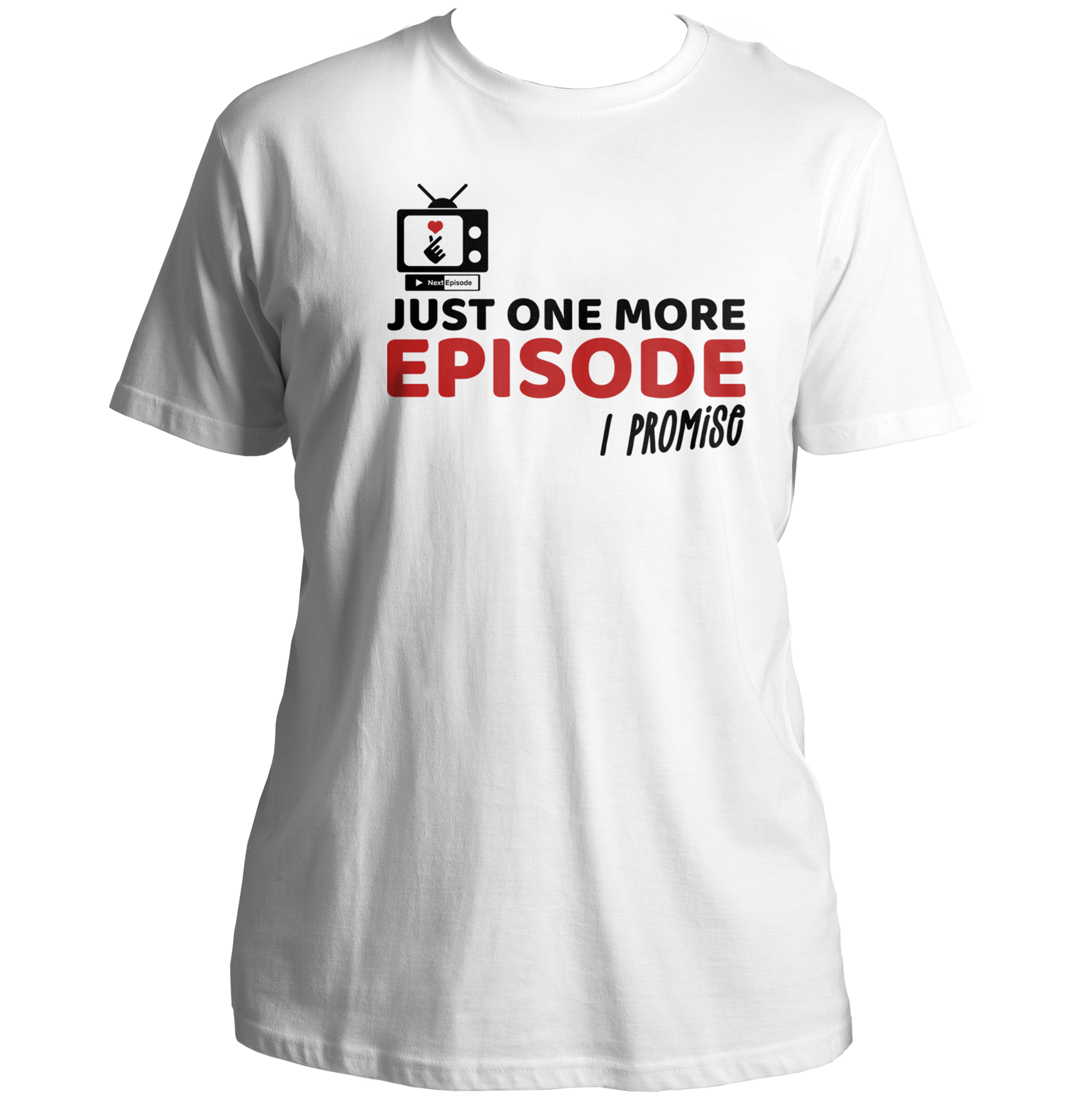 White Just One More Episode K-Drama Unisex T-Shirt with black and red binge-watching graphic