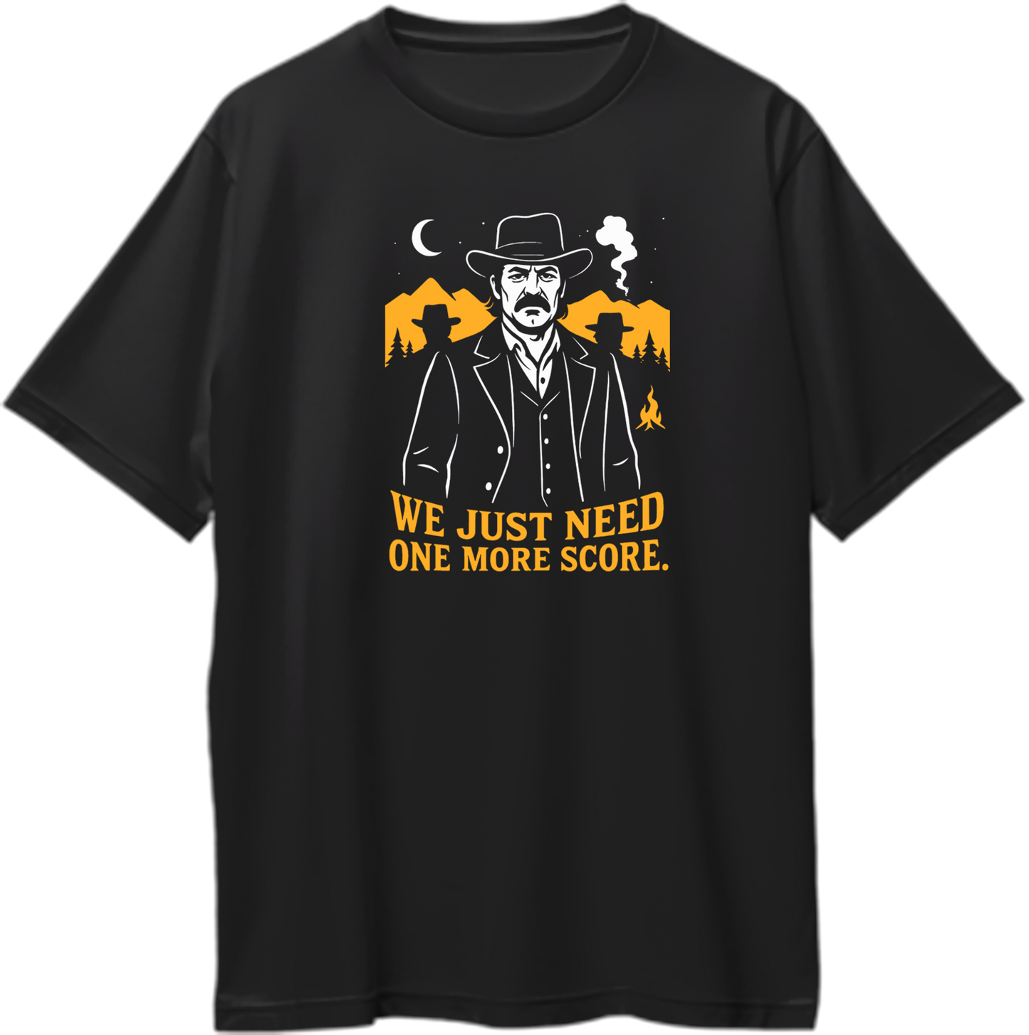 Black oversized unisex t-shirt featuring Dutch van der Linde illustration with quote “We just need one more score” inspired by Red Dead Redemption 2 – Garrari Brand.