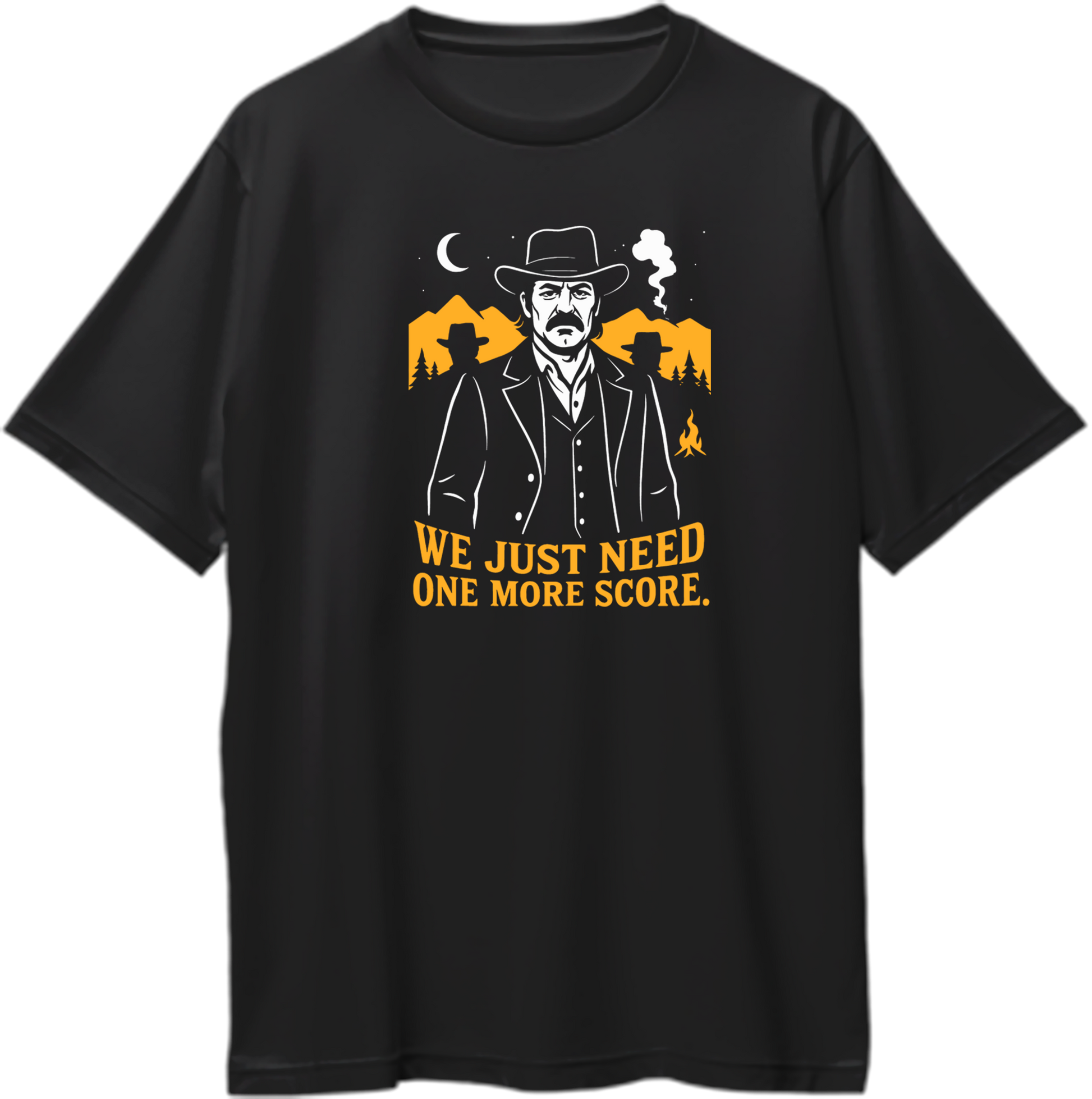 Black oversized unisex t-shirt featuring Dutch van der Linde illustration with quote “We just need one more score” inspired by Red Dead Redemption 2 – Garrari Brand.