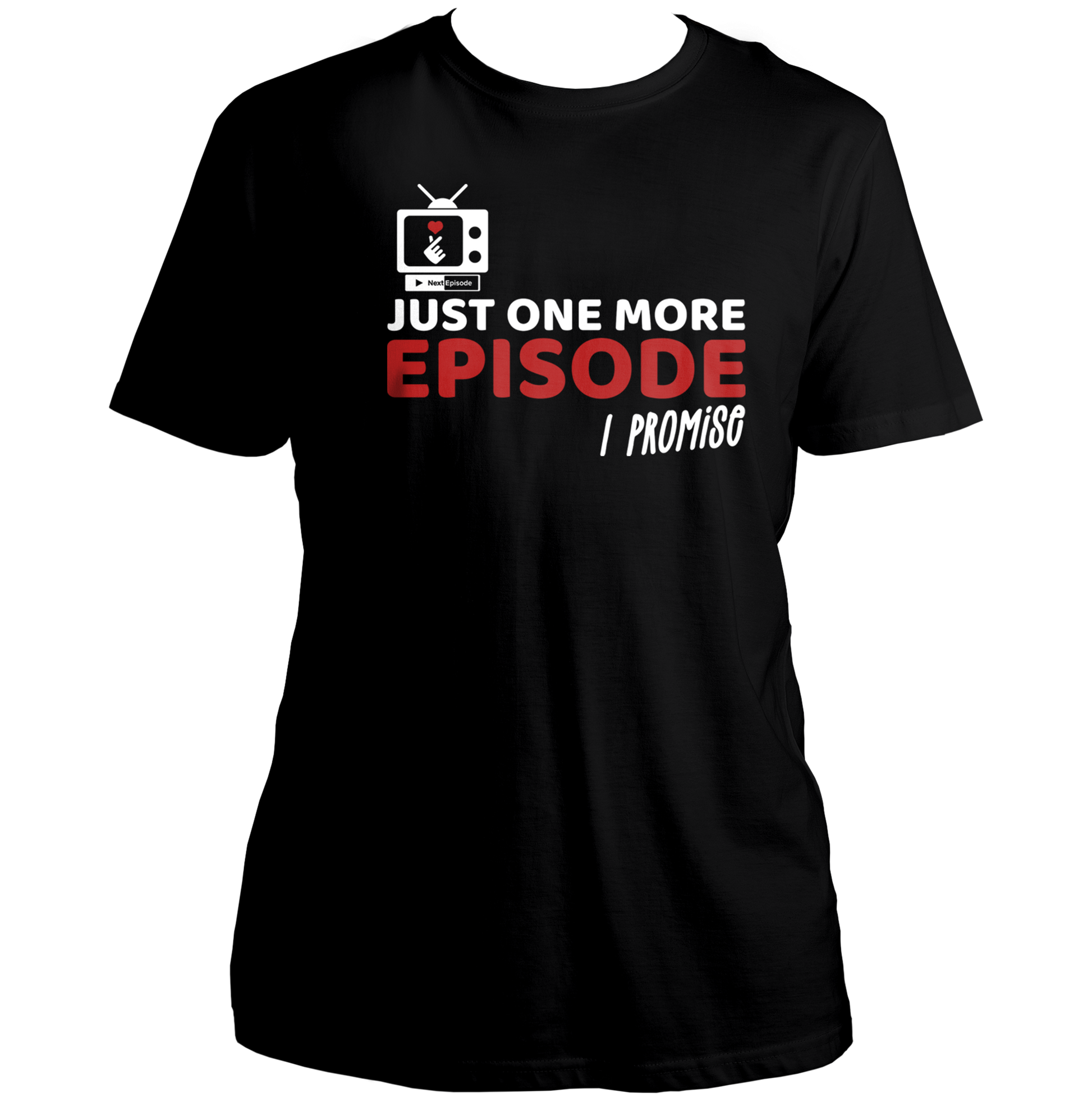 Black Just One More Episode K-Drama Unisex T-Shirt with white and red binge-watching graphic
