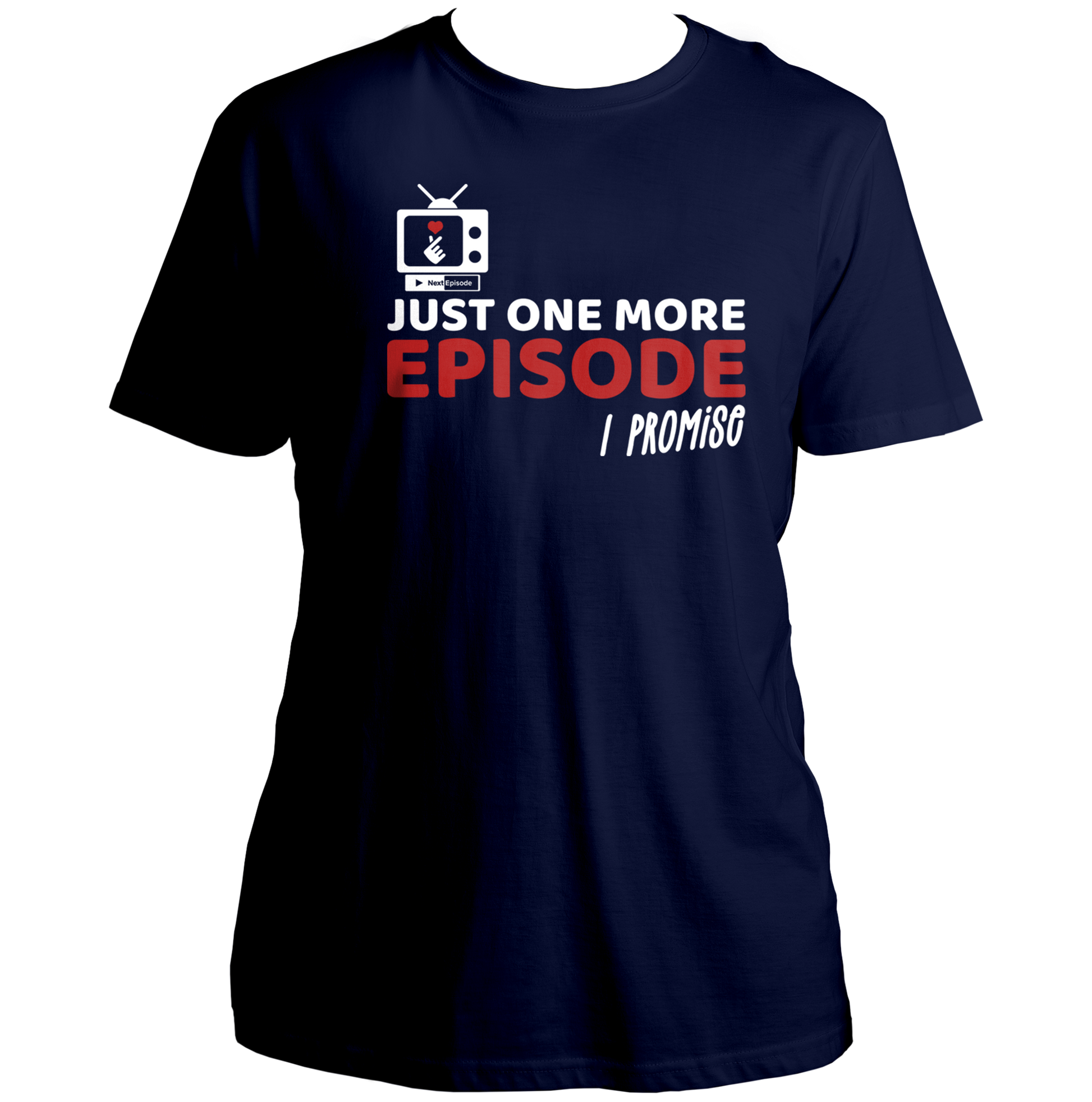 Navy Blue Just One More Episode K-Drama Unisex T-Shirt with white and red binge-watching graphic