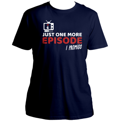 Navy Blue Just One More Episode K-Drama Unisex T-Shirt with white and red binge-watching graphic